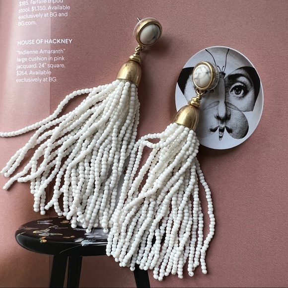 Stella & Dot Gita beaded Tassel earrings white and gold - Picture 5 of 11